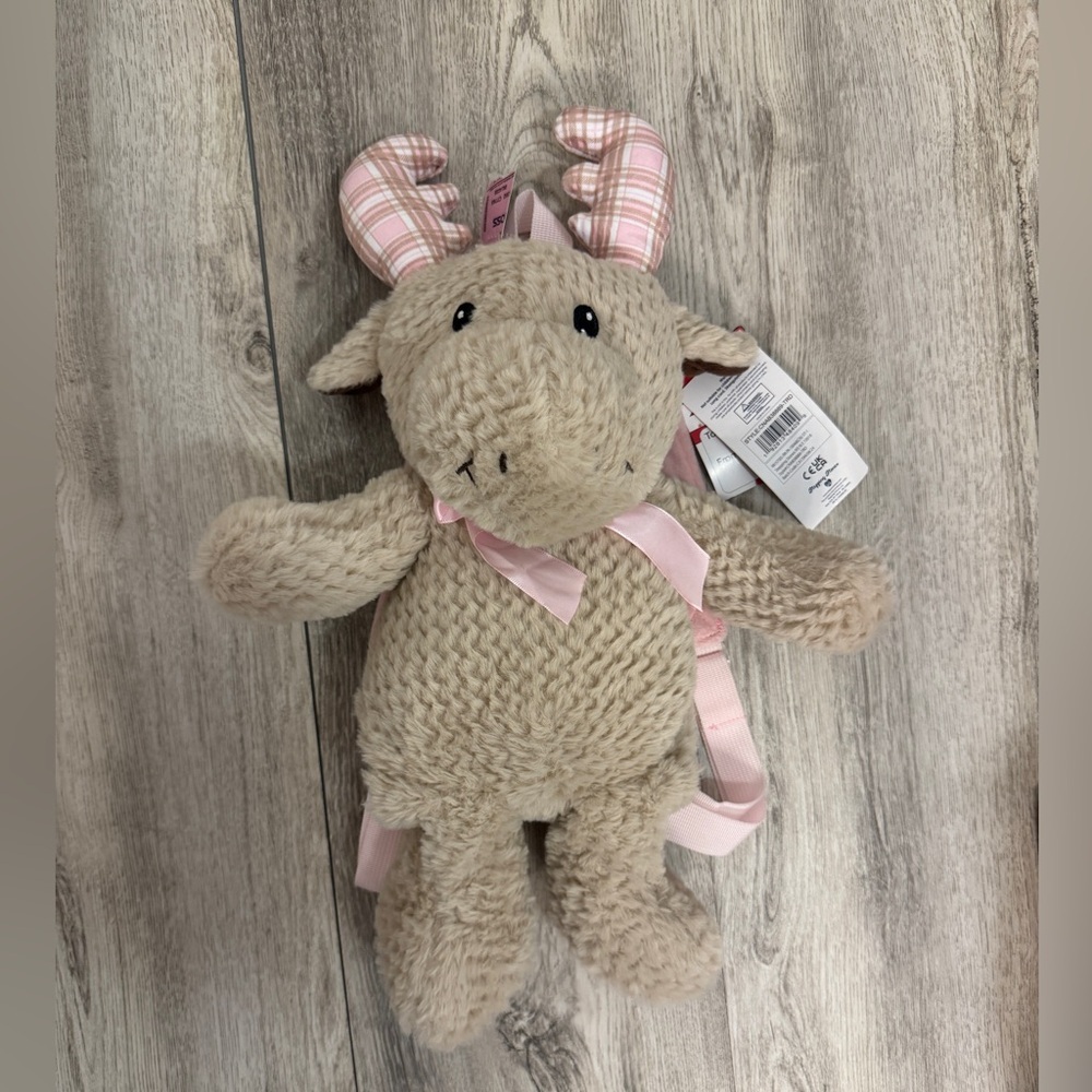 Cute Tan Plush Moose Backpack with Pink Details